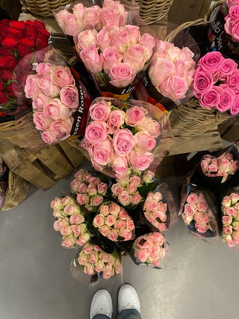 A collection of floral bouquets featuring pink roses with soft, velvety petals and subtle cream accents, arranged in various sizes and wrapped in clear plastic or black paper with decorative ribbons.