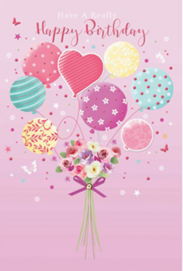 There is a gentle, joyful elegance in this floral birthday artwork, reminiscent of a light-hearted afternoon wandering around Chelsea's boutique-lined streets. The image is built around the idea of a bouquet that doesn't just sit in a vase but rises, buoyed by balloons, as if caught in a moment of celebration outside Sloane Square. A soft pink backdrop sets a warm, romantic foundation. From this background, pastel balloons emerge in soft gradients of sunshine yellow, rose pink, lavender, and delicate teal, each one rounded and luminous, with patterns that add character: slender ribbons spiralling upward, sprinkles of playful dots, and whimsical swirls suggestive of petals in motion. These floating shapes cradlethe bouquet below, which appears hand-tied and intimate in scale, like a thoughtful birthday gift hand-delivered along the side streets off King's Road. The flowers are illustrated as petite roses and daisy-like blossoms, shaded from cream to blush and rose, their petals layered in soft curves that suggest velvety texture. You can almost imagine the faint fragrance, gentle and sweet, drifting through a Chelsea townhouse. The stems are carefully bundled and finished with a sparkling purple bow, whose sheen hints at satin ribbon turned just so by a florist's practiced hands. Around the central composition, delicate butterflies and starry motifs hover, adding lightness and hinting at movement, as though a warm breeze from the river has set everything in motion. The overall impression is one of considered delight-a birthday greeting that feels personal and artful, telling the recipient, through colour and form, that they are cherished and worthy of celebration.