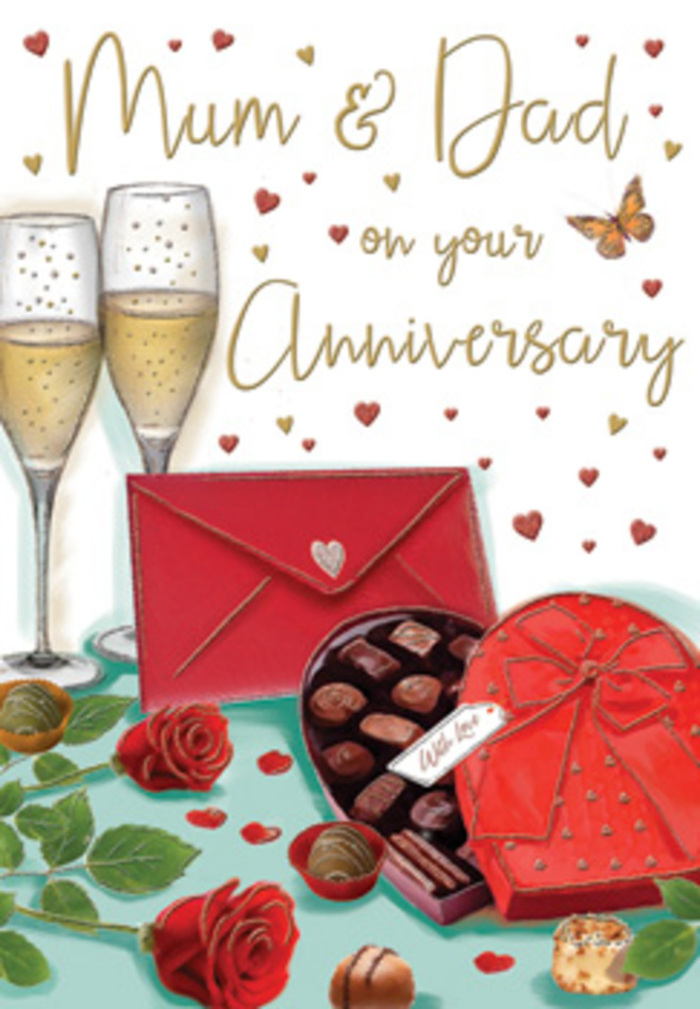Romantic anniversary card artwork presented as a carefully curated scene, echoing the intimate celebrations that unfold in Chelsea homes overlooking the Thames. At the heart of the design, two graceful champagne flutes stand in close companionship, their slender stems and gently flared rims drawn with delicate precision. They are filled with pale golden champagne, bubbles rising in fine trails that create an impression of movement and excitement, as though a toast is about to be made in honour of Mum and Dad. To one side, a heart-shaped chocolate box in a luxuriant shade of scarlet lies open just enough to reveal a neat grid of assorted chocolates. Each truffle is carefully illustrated, some darker, some lighter, all with a soft shine that suggests velvety, indulgent centres. A rich red satin bow tops the box, its loops and flowing ends offering a sense of opulence and care. In the foreground, two red roses rest on a flat surface, their petals deeply layered and plush, framed by dark green leaves with defined veins, much like the expertly selected blooms available for same-day delivery across Chelsea. Their vivid crimson tones provide a strong focal point within the card's warm colour palette. Around the central elements, tiny gold and crimson hearts drift and swirl, surrounding a hand-lettered dedication to Mum & Dad in elegant script that feels intimate and sincere. A striking scarlet envelope, neatly sealed, sits slightly askew, suggesting a cherished card or heartfelt note nestled inside. The background is softly lit with a warm, diffuse glow, as if coming from candles or late-evening light on a Chelsea terrace, lending the whole scene a sense of comfort, gratitude, and the quiet joy of shared years.