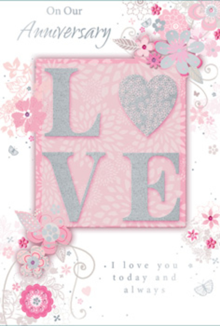 The image presents an anniversary card whose design feels as thoughtfully composed as a hand-tied bouquet arranged in a Chelsea florist's studio. Its primary motif is the word LOVE, printed in a frosted, glittering finish that appears gently raised above the surface of a soft blush background. The letters shine with a fine, icy sparkle, catching and reflecting the light in a way that draws the gaze without feeling overly bold. Around this word, the card is encircled by wispy, hand-drawn blooms and soft sprays of foliage, their lines incredibly delicate, as though sketched with a very fine pen. These floral accents are coloured in shades of pink, lilac, and creamy ivory, blending harmoniously into a light, powdery backdrop. The composition suggests flowers drifting along the card's edges, similar to petals scattered along the pavements near Sloane Square after a busy market morning. Tiny decorative flourishes-filigree lines, slender leaves, and almost-hidden butterfly outlines-are tucked among the blooms. These subtle details hint at movement and gentle fluttering, echoing the feeling of hearts quietly stirred on an anniversary. The background itself is a very soft, warm pink, becoming marginally lighter near the centre, enhancing the raised central panel. Inside the card, the phrase I love you today and always is printed in a graceful, understated script. The letters follow a flowing rhythm, like a personal note written with care before an anniversary dinner on the King's Road. The card stock looks smooth to the touch with a refined, satin-like finish that allows the glitter and fine lines to remain crisp. Overall, this card feels like a bouquet rendered in paper: romantic yet restrained, ideal for couples who treasure gentle expressions of enduring love in the heart of Chelsea.