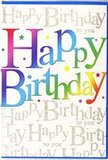 The birthday card in the image radiates the kind of polished joy you might associate with a celebration near Duke of York Square in Chelsea-vibrant, stylish, and thoughtfully detailed. Dominating the composition is the phrase Happy Birthday, rendered in bold, block capitals that span the central area of the card. Each letter is filled with a luminous gradient, shifting seamlessly from rich red and deep rose to bright orange, buttery yellow, fresh garden green, and on to teal, sapphire, and twilight purple. The transitions have the softness of watercolour blending, so the colours feel like a continuous ribbon of rainbow hues rather than separate blocks. This colourful message rests upon a pale, understated background that is quietly animated by repeated lines of fine golden handwriting, each line whispering Happy Birthday to you. The script is elegant and slightly cursive, and its metallic sheen catches imaginary light in subtle glints, evoking the twinkle of lights along Chelsea Embankment at dusk. Around the letters, delicate coloured dots and tiny star shapes are sprinkled sparingly, enhancing the sense of celebration the way a handful of confetti might liven up a table setting at a local birthday dinner. The card's finish appears smooth with a gentle sheen, suggesting a high-quality cardstock that feels both sleek and substantial in the hand. The whole design carries an air of joyful sophistication-perfect for accompanying a birthday bouquet delivered by Flower Delivery Chelsea to a chic apartment near King's Road or a cosy home tucked away in one of SW3's quiet residential streets.