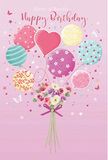 A whimsical birthday scene unfolds on a soft blush-pink canvas, evoking the playful yet polished spirit of Chelsea. At the heart of the design, a cluster of pastel balloons rises, as though pulling a small bouquet skyward above the elegant facades near the Chelsea Embankment. The balloons vary in shape and pattern, some adorned with candy-coloured stripes in rose and teal, others dotted with cheerful spots, and one distinct heart-shaped balloon glowing with gentle affection at the centre. Their colours-muted pinks, sea greens, buttery yellows, and lavender tones-blend together like a serene early-evening sky over Sloane Square. Anchored beneath this floating canopy is a rounded hand-tied bouquet of flowers, illustrated with roses and anemone-like blooms in creamy ivory, soft blush, and gentle mauve. Their petals appear feathery and layered, creating a sense of fullness and texture, as if plucked from a carefully curated Chelsea flower stall. The green stems gather neatly at the base, cinched with a violet satin bow whose subtle sheen catches the imagined light, suggesting precision and care in the tying. Around the balloons and bouquet, small stars and butterfly silhouettes drift like confetti on a breeze, adding a touch of fairy-tale charm, as if the design itself were part of a birthday wish whispered along King's Road. The mood is airy and sweet, conveying a quiet yet unmistakable sense of celebration, much like receiving a beautiful birthday bouquet and card together, thoughtfully chosen to make someone in Chelsea feel seen, loved, and joyfully remembered on their special day.