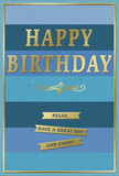 The photograph captures a refined birthday card that blends soft blues with shimmering gold in a way that feels both modern and timeless, like a stylish Chelsea townhouse interior. The card face is divided into broad, horizontal stripes that progress from a deep navy at the bottom through mid blues and teal into a pale, airy blue near the top, creating an ombre effect that suggests depth and calm. These colours sit together quietly, evoking the gentle light often seen drifting through Chelsea's leafy squares. Centred across the card, the words HAPPY BIRTHDAY are embossed in large, metallic gold capital letters. The foil has a polished but not overpowering sheen, and the letters are slightly raised, so the greeting glints as the card tilts, bringing a sense of celebration without disrupting the tranquil mood. Just below, a delicate golden flourish curves gracefully, adding a decorative touch that separates the main greeting from the sentiment that follows. Under this flourish, three slim gold banners are stacked one above the other, their reflective surfaces contrasting clearly against the matte blues beneath. Together, they carry the phrase: Relax, have a great day and enjoy! The type is clear, gently spaced, and easy to read. A fine gold border frames the entire design, containing the layers of blue and adding an elegant, completed feel. The card itself appears to be made from smooth, quality stock, with a soft matte finish that would feel pleasant under the fingertips. You might imagine this card standing beside a fresh birthday bouquet in a Chelsea apartment, offering a quiet reminder to slow down, savour the moment, and enjoy the day's simple pleasures.