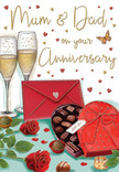 Illustrated anniversary card rich in romantic details, rendered in the warm reds and golds you might associate with a refined Chelsea celebration. The main focus is a pair of tall champagne flutes set close together, their fine stems elegant and balanced, holding pale golden champagne where delicate streams of bubbles shimmer upwards. The glasses appear to catch a gentle, ambient light, as though placed near a window looking out towards King's Road, ready for Mum and Dad to raise a toast. Just beside them rests a striking heart-shaped box of chocolates, coloured in deep, velvety red. A generously tied satin bow sits proudly on top, its loops and tails catching subtle highlights. The lid is slightly open, revealing an enticing arrangement of chocolates within, each one smooth and glossy, suggesting a variety of indulgent fillings waiting to be shared. In the foreground, two lush red roses with fully opened, velvety petals lie across a bed of dark green leaves, evoking the kind of luxury stems often selected from Flower Delivery Chelsea for special anniversary deliveries around Sloane Square and beyond. Their rich crimson hue ties in beautifully with the envelope and chocolate box. Scattered gold and crimson hearts float across the card's background, surrounding a hand-written Mum & Dad message in elegant script, lending the whole design a sense of playful affection and deep appreciation. A scarlet envelope, neatly sealed, rests nearby, hinting at a private, loving note inside. Soft, golden tones wash over the entire scene, conveying warmth and quiet romance-the feeling of an anniversary evening where shared memories, a simple clink of glasses, and the sweetness of chocolate and roses come together in a moment of gratitude and love.